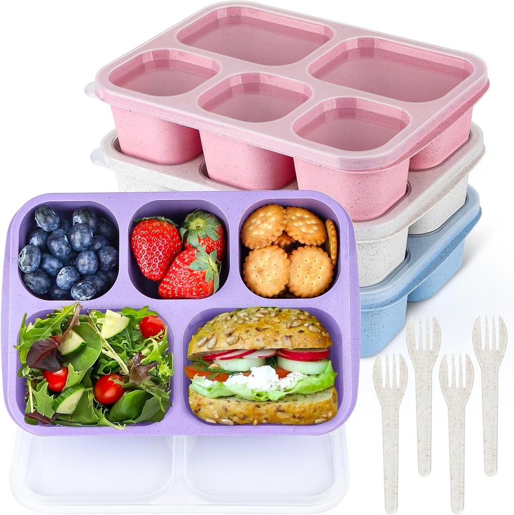 MaMix Bento Box Adult Lunch Box, 5 Compartment Snack Box for Adults 4 Pack, Reusable Stackable Snack Containers for Kids Adults with Utensils, for School, Work, and Travel (Wheat)