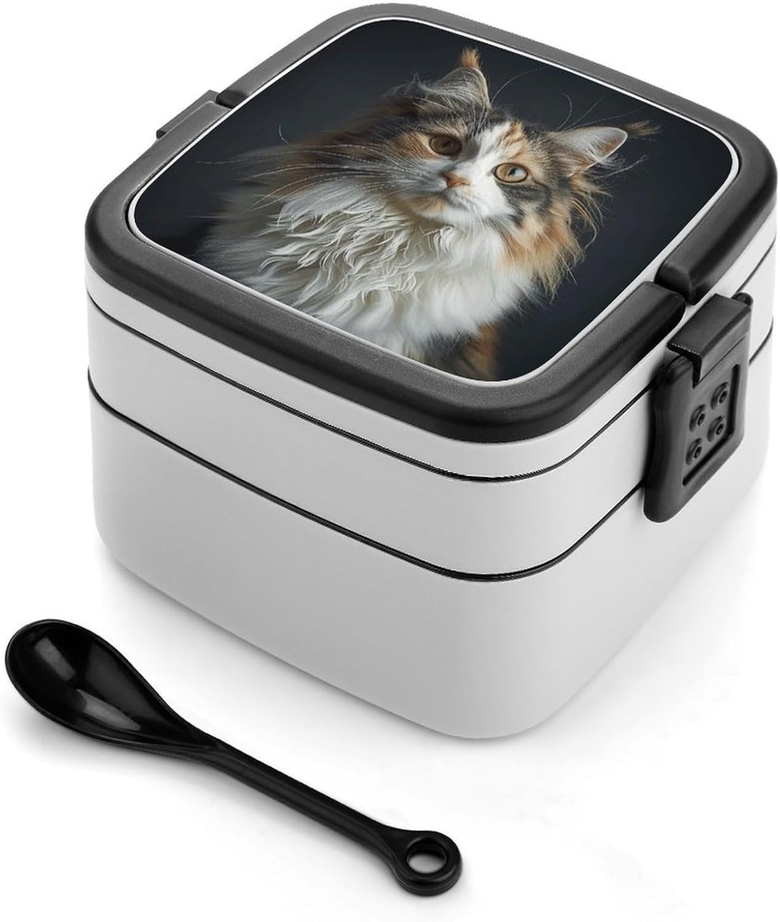 All-in-One Bento Box Stackable Leak-Proof Lunch Box With Carry Handle 2 Layer Portable Meal Prep Container Brown And Gray Fur Lunchbox with Utensils for Dining Out Work