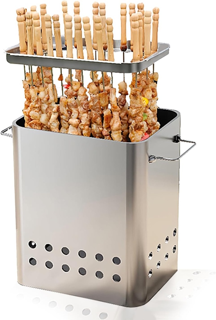 Charcoal Barrel BBQ Grill Stainless Steel BBQ Hanging Stove Camping Barbecue Rack with 26 Skewers Gloves Tongs Grilling Net for Vegetables