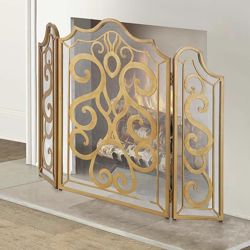 Extra Large Retro Gold Fireplace Screen with Hinged Doors - Mesh Spark Guard Gate Cover for Christmas, Customizable Fireguard for Enhanced Safety and Style