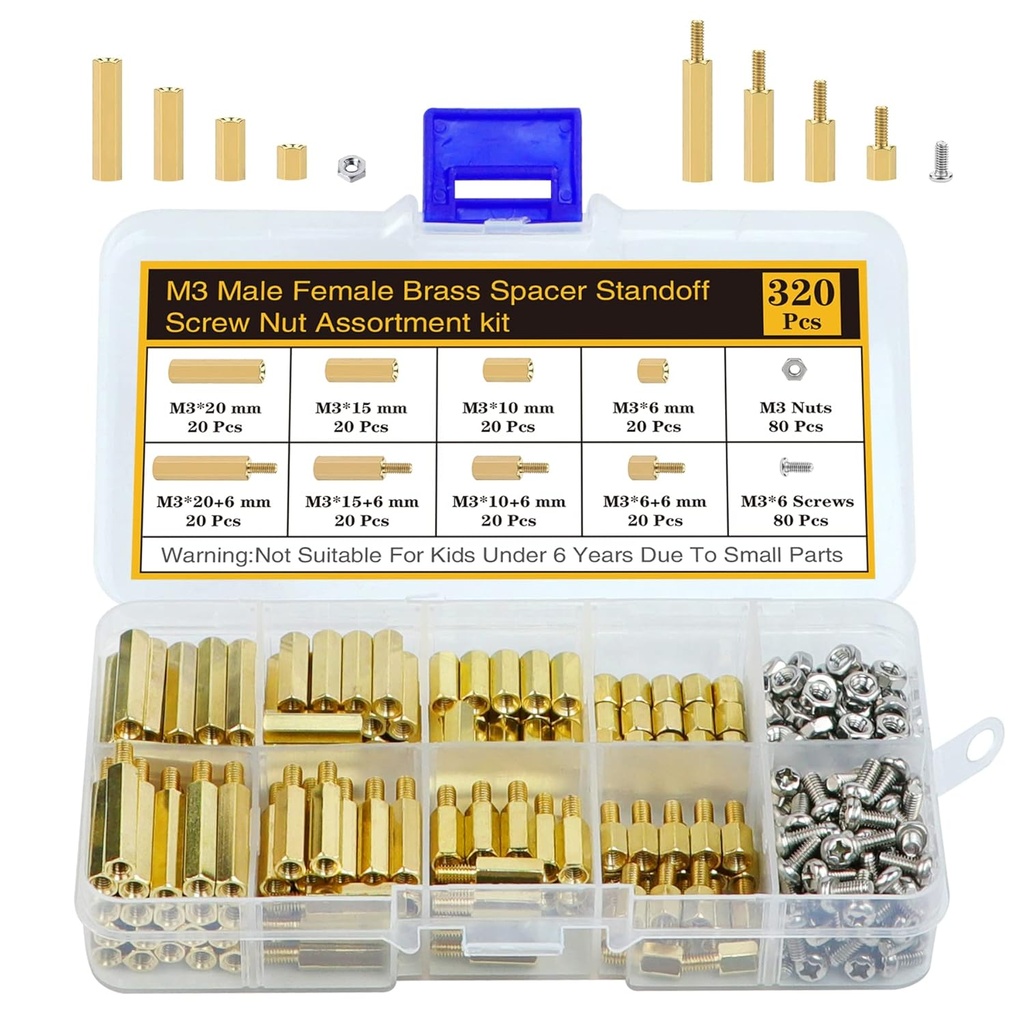 320Pcs M3 Motherboard Standoffs&Screws&Nuts Kit, Hex Male-Female Brass Spacer Standoffs, Laptop Screws for DIY Computer Build, Electronic Projects, Raspberry Pi, Circuit Board etc.