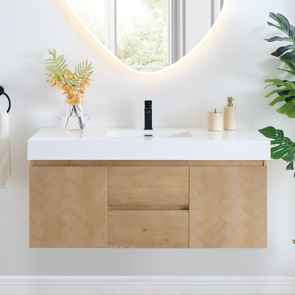 48 Inch Floating Sink Bathroom Vanity Wall Mount Single Vanities Overflow Mordern Large Storge Cabinet with Ceramic Countertop Double Soft Closing Drawers Pre-Assembled