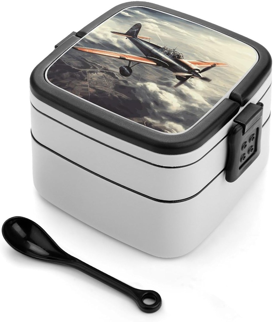 Retro Airplane Bento Box Adult Lunch Box All-in-One Lunch Containers with Removable Compartments Double Layer Bento Lunch Box with Spoon And Handle Stackable Lunchbox