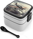 Retro Airplane Bento Box Adult Lunch Box All-in-One Lunch Containers with Removable Compartments Double Layer Bento Lunch Box with Spoon And Handle Stackable Lunchbox