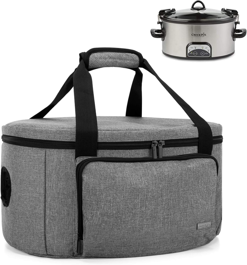 LUXJA Insulated Slow Cooker Bag (with a Bottom Pad and Lid Fasten Straps), Carrier Case Fits for Most 6-8 Quart Oval Slow Cooker, Gray
