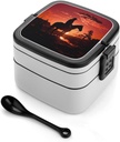 Personalize Double Layer Bento Box Cowboy West Lunch Box - Durable, Leak-Proof with Spoon Adult Premium Bento Case for Work Travel Camping