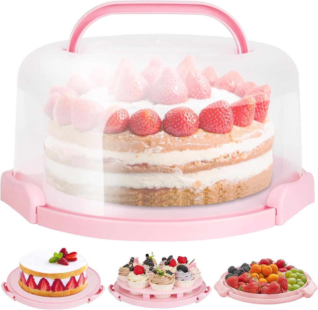 Cake Carrier, Ohuhu BPA-Free Cake Holder Storage Container Cupcake Carrier Keeper - Cake Stand with Lid 2 Handles Portable Round Two Sided Base for Cookies Nuts Fruits for 10 inch Cake Christmas Gifts