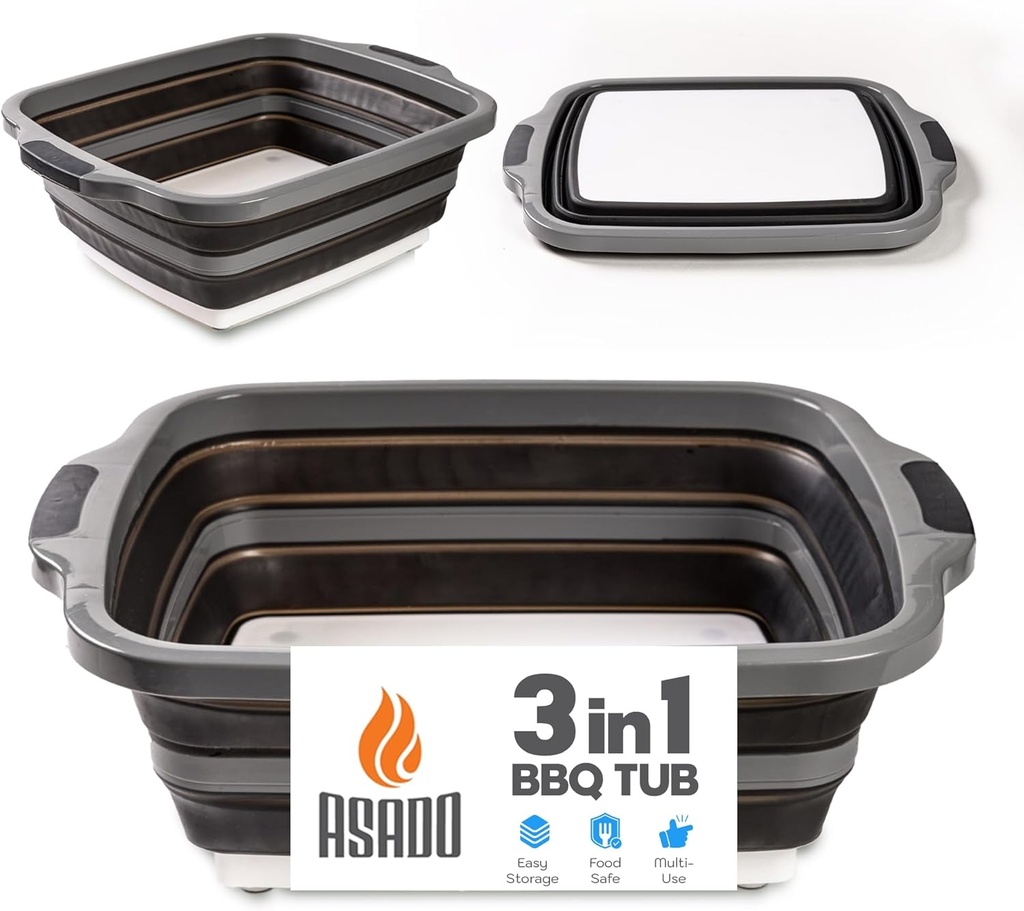 Asado Collabsible XL BBQ Prep Tub w/Cutting Board, Colander & Lid - Great for Tailgating, Barbecue, Meal Prep and Food Storage (Black)