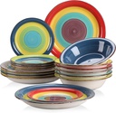 vancasso Stoneware Dinnerware Set for 6 Arco 18 Pieces Stoneware Combination Set with Dinner Plate, Dessert Plate and Soup Bowl, Handpainted Spiral and Alternately Colourful Pattern