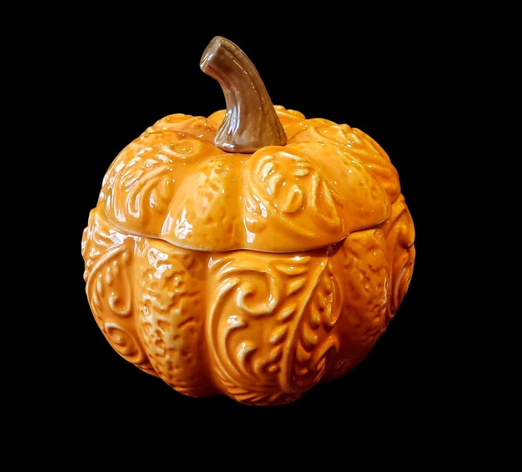 Ceramic Harvest Fall Thanksgiving Pumpkin Cookie Candy Jar with Lid - Orange Brown 5 inches High by 5 Wide