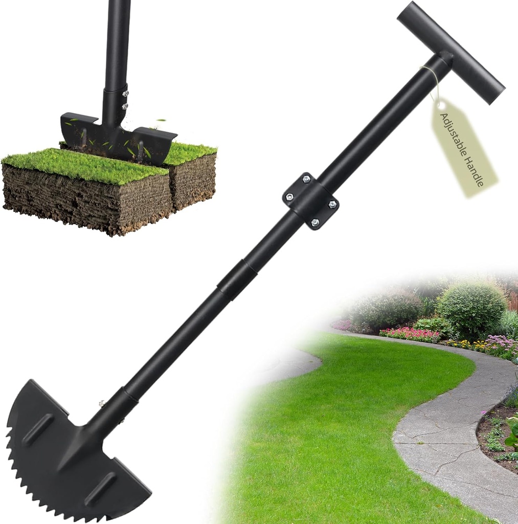 Half Moon Edger Lawn Tool - Heavy Duty Saw Tooth Manual Edgers with Sharp Blade & Wide Footplate, 38"-49" Adjustable T-Grip Handle for Landscaping, Sidewalks, Yard,Grass,Flower Bed & Garden Edging