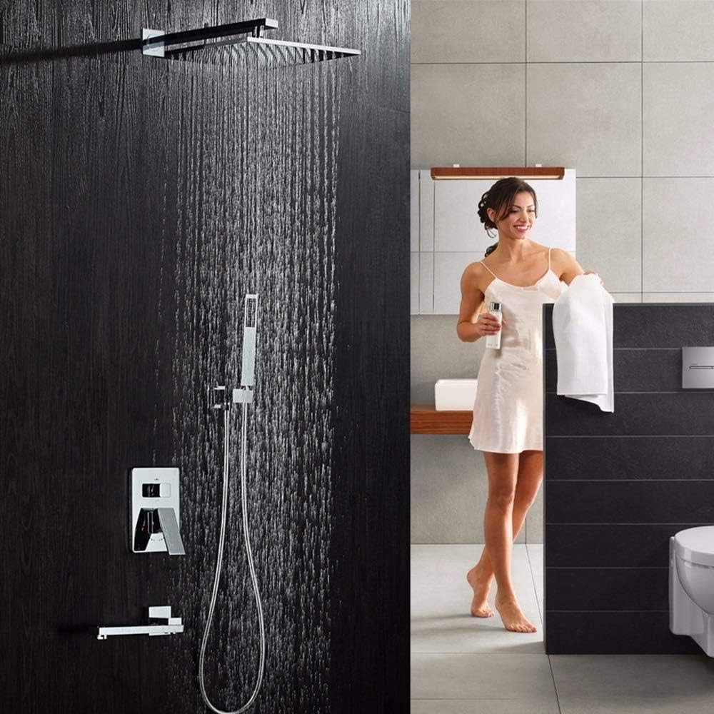 Shower Set Copper Metal Silver Pre-Embedded Dark Wall-Mounted Nozzle Hand Shower System Shower Set 3 Function Pressurized Faucet Nozzle Hot and Cold Water Square Top Spray Fixed Sh