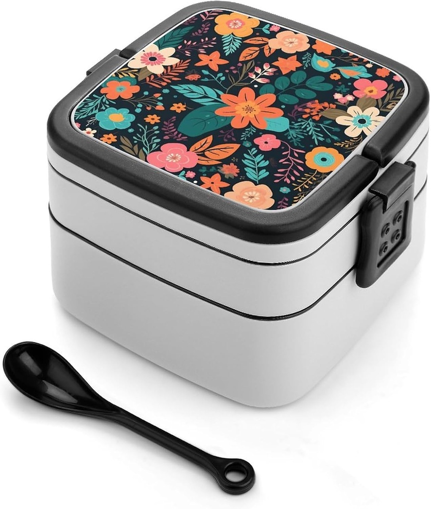 Bento Box Stackable 2 Layers Containers Adult Lunch Box Pattern of Many Small Flowers Lunchbox for Women Men All-in-One Meal Prep Containers Leakproof Lunch Containers for Work
