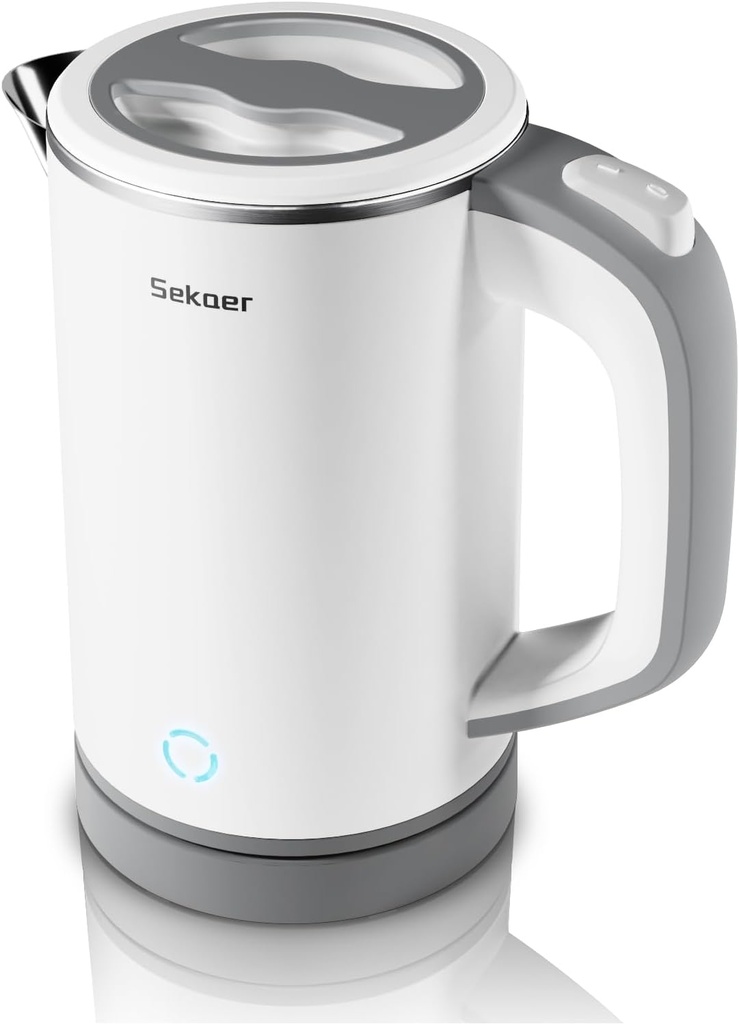 Sekaer Small Electric Tea Kettle Stainless Steel 0.8L Portable Travel Hot Water Boiler, Mini Electric Coffee Kettle with Auto Shut-Off & Boil Dry Protection, Cordless Base & White