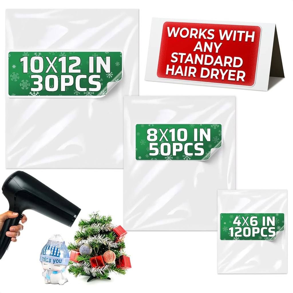 200Pcs Heat Shrink Wrap Bags – 3 Sizes 4x6" (120) 8x10" (50) 10x12" (30) Clear PVC Plastic – Compatible with Any Heat Gun or Hair Dryer at Medium Temperature – Great for Wrapping DIY Crafts and Gifts