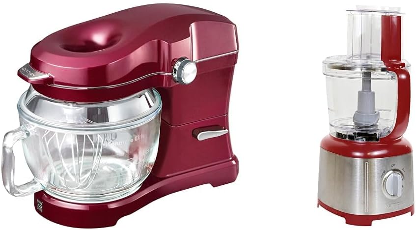 Kenmore Elite Ovation Stand Mixer 5 Qt 10-Speed Motor Revolutionary Pour-In Top Tilt Head Beater Red and Kenmore Food Processor and Vegetable Chopper with 11 Cup Reversible Slicing/Shredding, Red