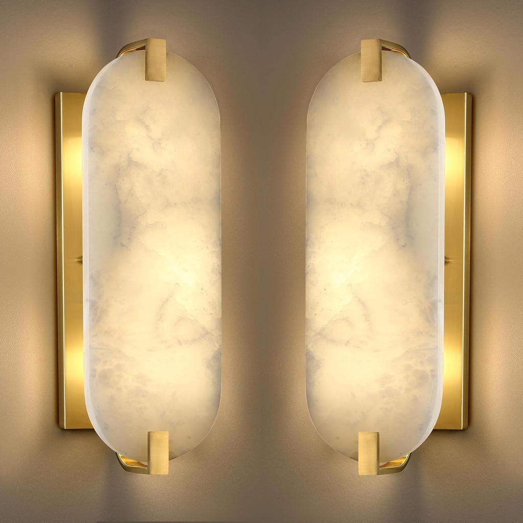 15.7" Natural Oval Alabaster Marble Modern Concise 2 Pack 2 Light Wall Sconce Fixture,Gold Finish for Bathroom Bedroom Hallway Bedside Staircase Vanity Mirror