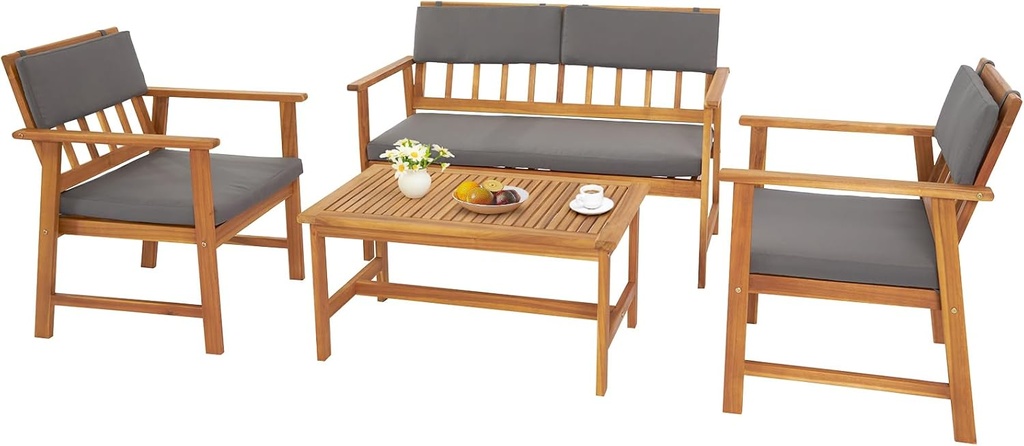 VINGLI Outdoor Patio Furniture, 4 Piece Acacia Wood Sofa Set w/Coffee Table, Patio Table and Chairs Set for Deck, Balcony, Backyard (Natural)