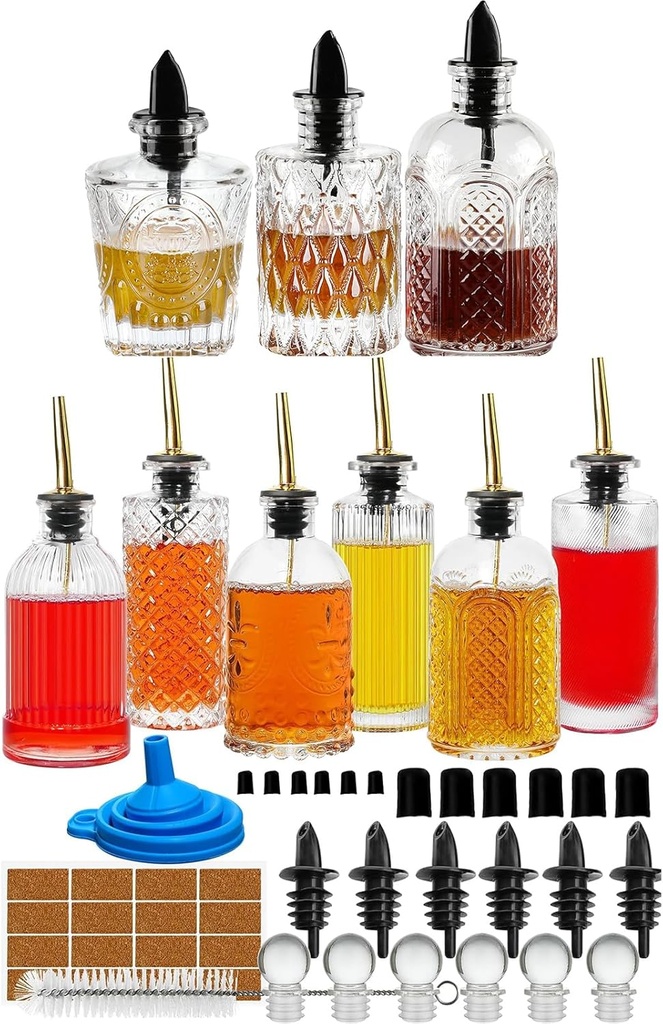 INFTYLE Coffee Syrup Dispenser Simple Small Glass Bottle for Coffee Bar Accessories with Dust Lids Pour Spout, Glass Stopper, Cleaning Brush. Vanilla, Caramel, Syrup, Honey, Condiments Dispenser