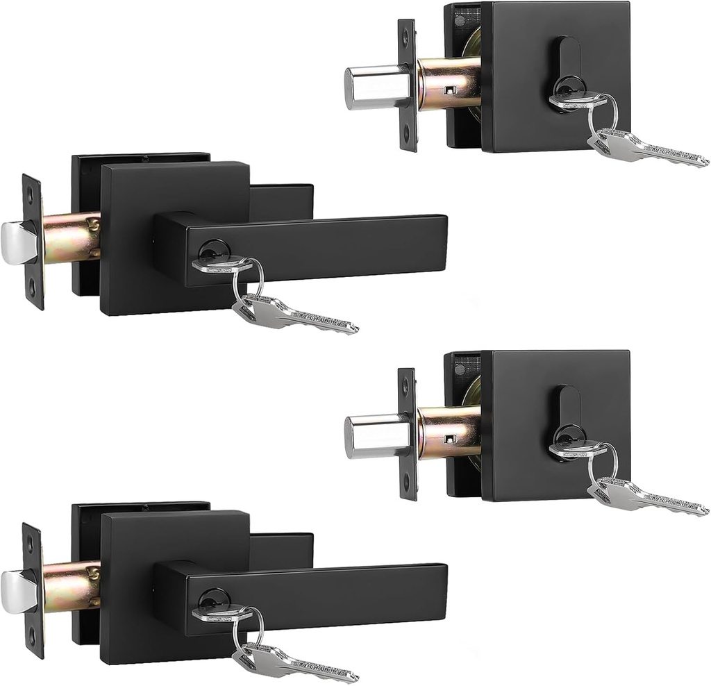 2 Pack Keyed Entry Door Lever and Single Cylinder Deadbolt Set, Keyed Alike Reversible Lockset, Matte Black Square Interior/Exterior Handleset for Bedroom, Front Door