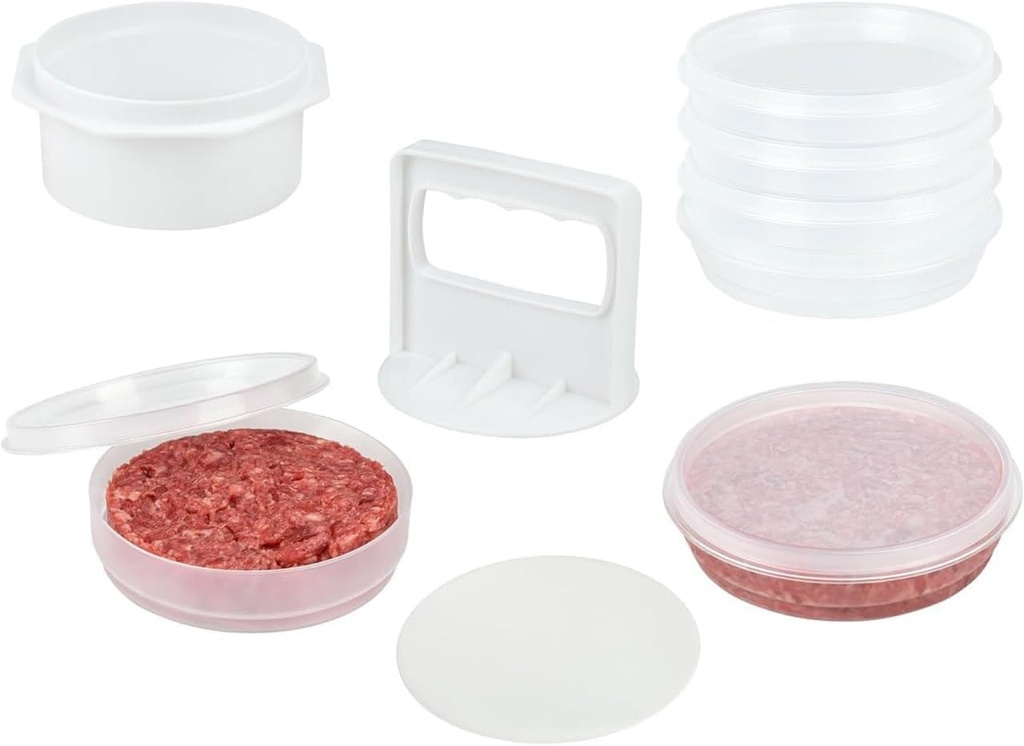 Hamburger Press Patty Maker - 4 in1, Burger Mold, Patty Press, 6 Storage Containers, 100 Round Papers - Hamburger Patty Maker Tool for BBQ - Burger Shaper for Meat, Veggie Patties