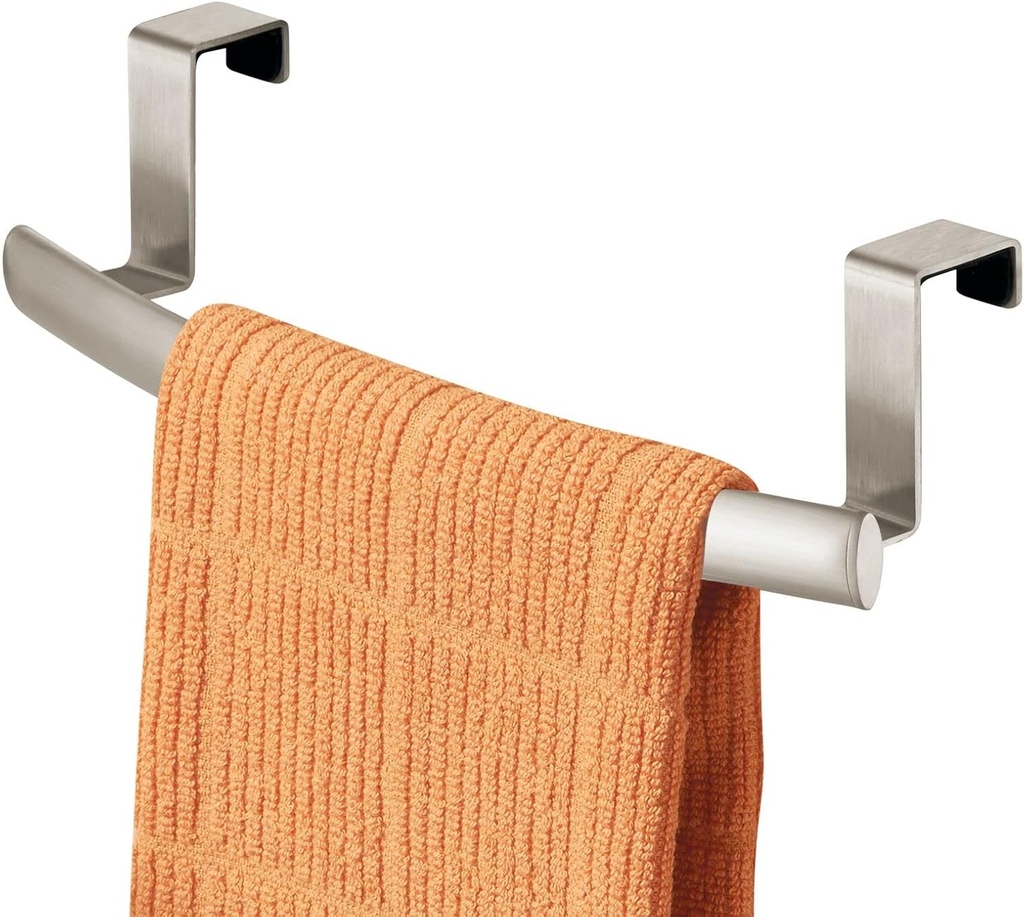 mDesign Steel Over Door Curved Towel Bar Storage, Hanger for Cabinet or Cupboard, Holder Rack for Kitchen, Bathroom - Holds Hand/Dish Towels, Washcloths - Spira Collection - Satin