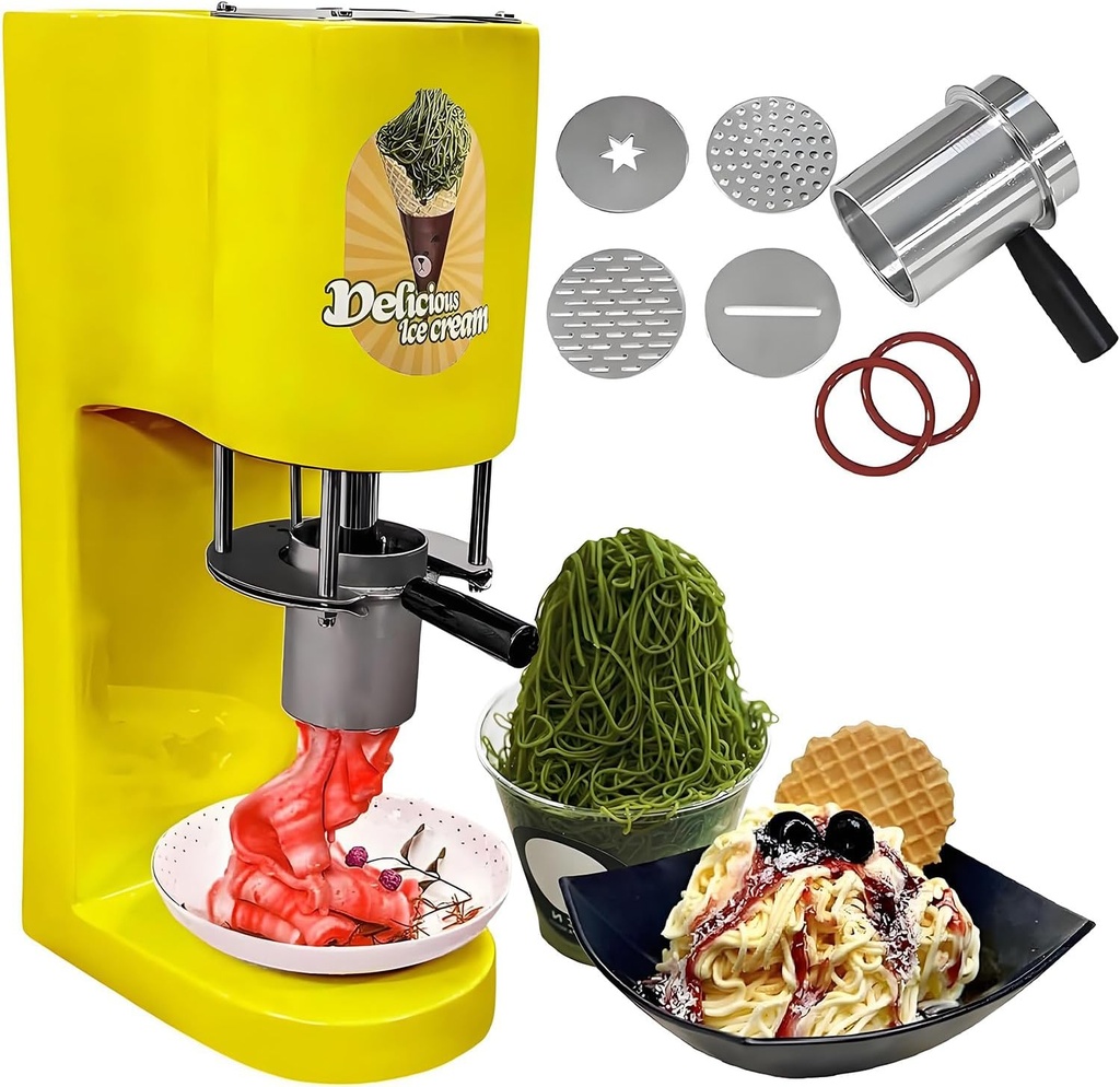 Multi-Shape Spaghetti Ice Cream Press Machine with 4 Interchangeable Molds,420ml Hopper/Stainless Steel/1-Button Start,80w Commercial Gelato Maker for Gelato & Ice Cream Shops Yellow