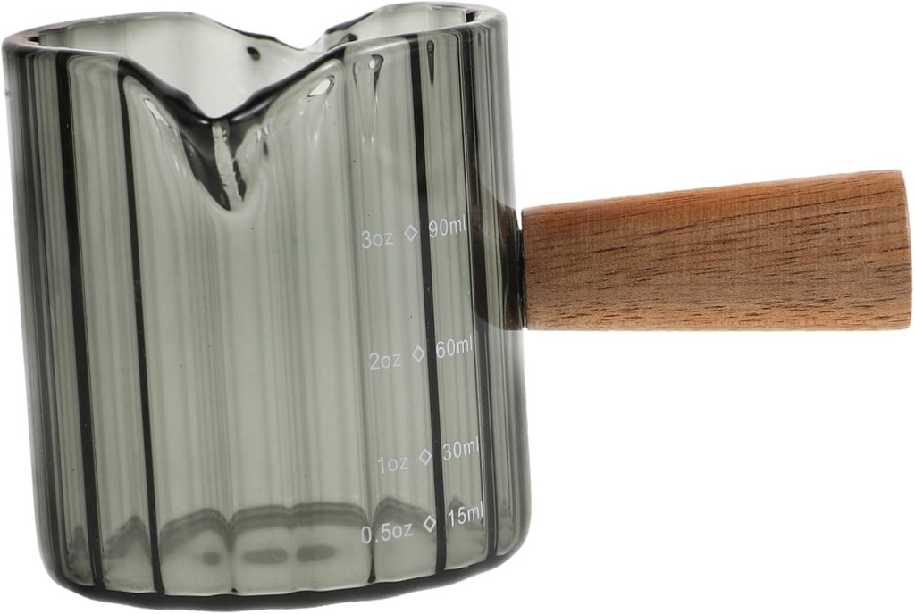 Wood Handle Glass Measuring Cup Espresso Shot Glass with Double Spout for Coffee Tea Milk Stylish Ribbed Design Comfortable Grip for Home Office Use