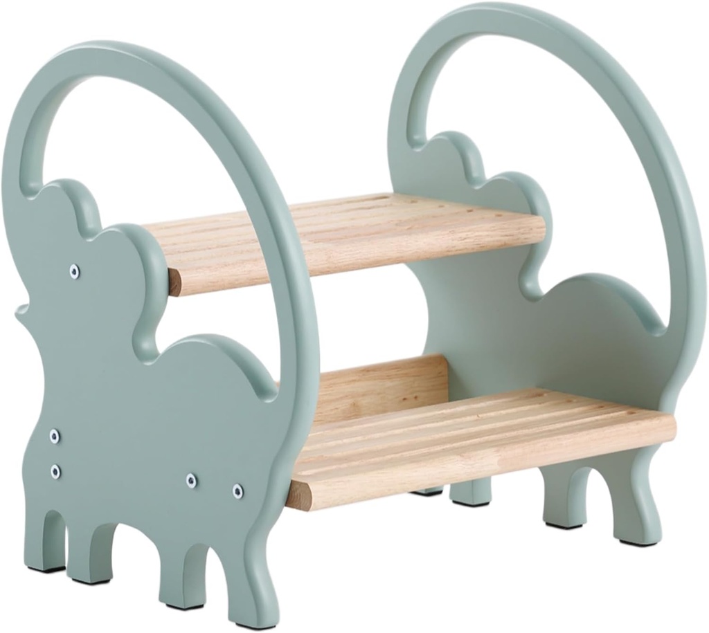 Wooden Step Stool for Toddlers,Cute Elephant Design,Stable for Daily Use,Bamboo 2 Step Stool for Bathroom,Sink,Bedroom(Green)