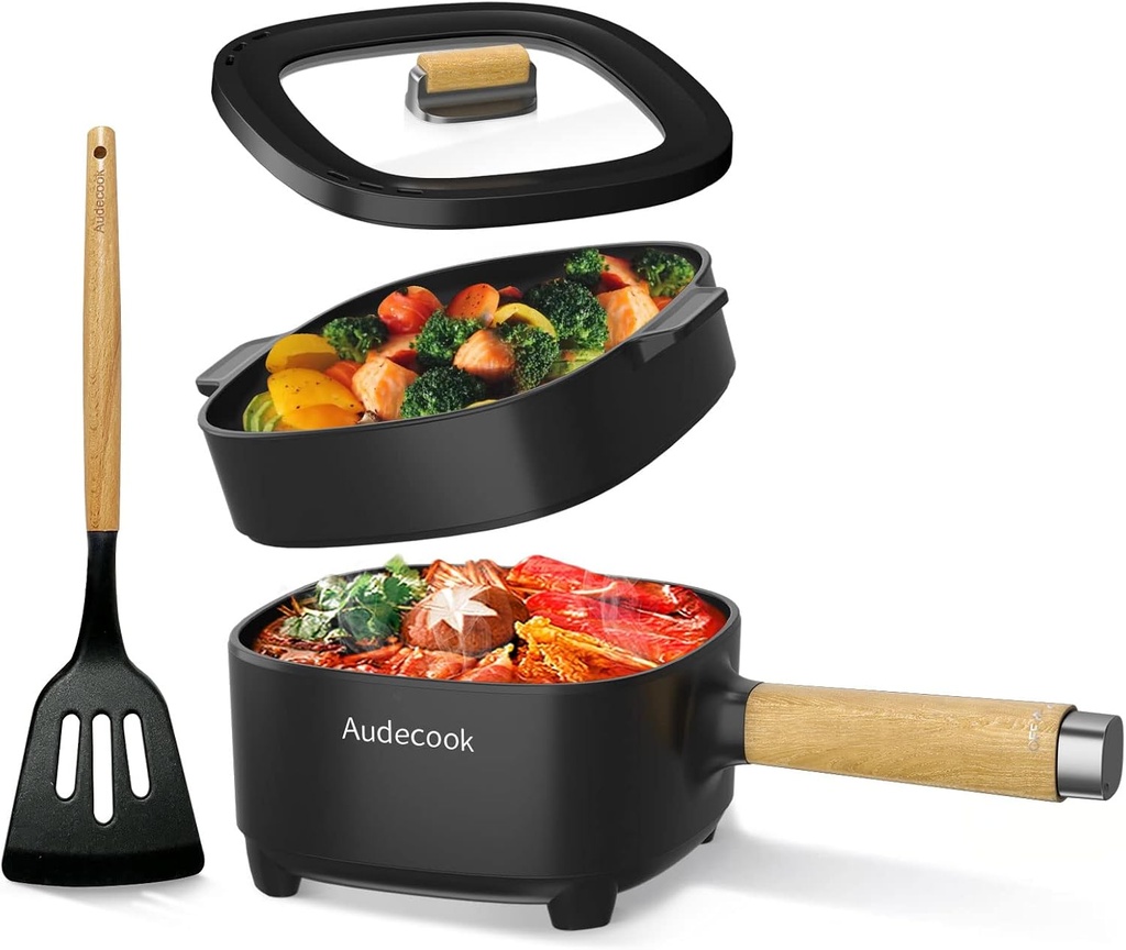 Audecook Hot Pot Electric 2L, Cermic Glaze Non-Stick Frying Pan 8 Inch, Portable Travel Cooker for Ramen/Steak/Fried Rice/Oatmeal/Soup, with Dual Power Control (Silicone Spatula Included)