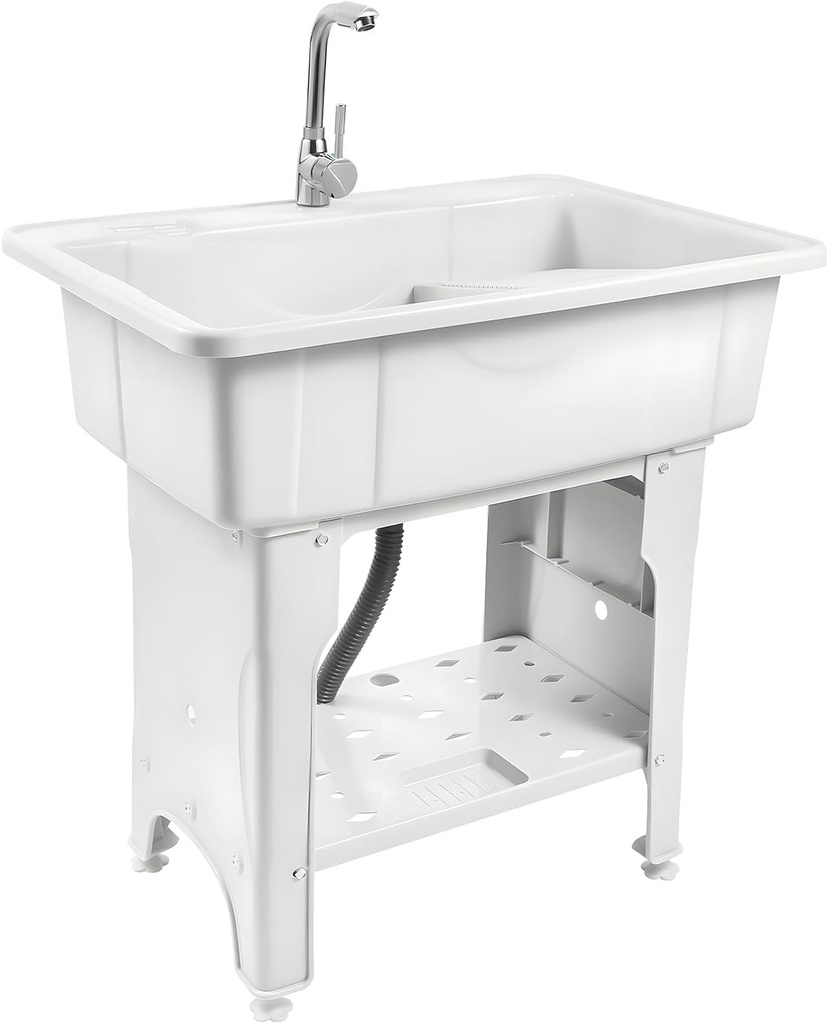 Freestanding Plastic Laundry Sink w/Hot Cold Faucet, White Utility Room Sink with Washboard, Indoor Outdoor Utility Tub Station,Garage Washing Station for Laundry,Bathrooms (White-31.5*22.05*31.5in)