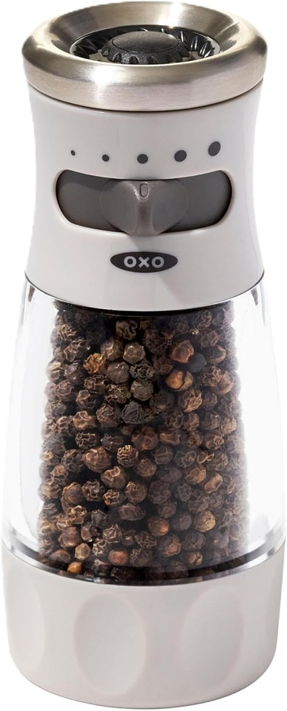 OXO Good Grips Contoured Mess-Free Pepper Grinder, Adjustable Ceramic Grinder with Five Settings, Black Pepper Mill for Home and Kitchen, Spice Tool and Kitchen Gadget