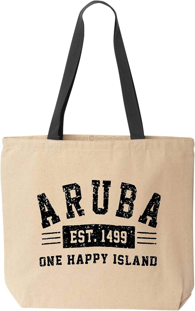 Aruba Est 1499 One Happy Island Office Natural Canvas Tote Bag