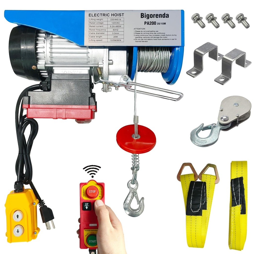 Electric Hoist 2 in 1, 440lbs Electric Hoist with Remote Control/Wired Control, Electric Hoist Winch 110v,65.6ft/33ft Lifting Height,Single/Double Sling,for Warehouse Garage Factory Attic