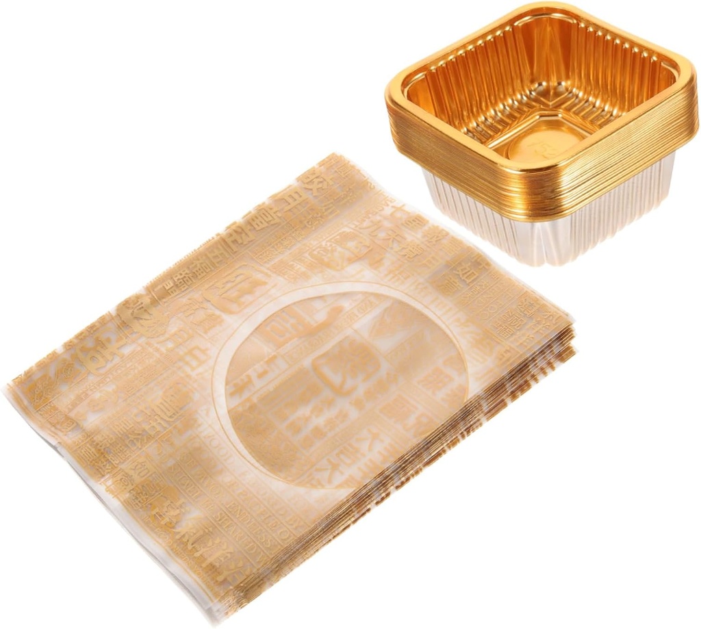 UKCOCO Moon Cake Tray and Packing Bag Plastic Dessert Pouch with Stable Bottom Lightweight Food Packaging for Baked Goods Gold Letter Bags with Gold Trays for Mooncakes and Pastries