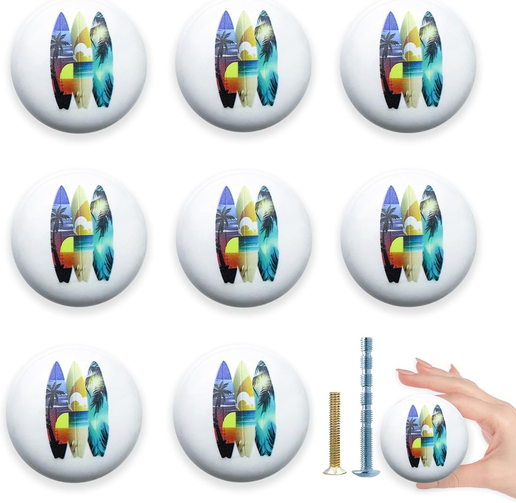 Surfboards with Palm Trees Ceramic Drawer Knob Set of 8 1.5" Beachy Kitchen Cabinet Furniture Handles Dresser Drawer Knobs and Pulls