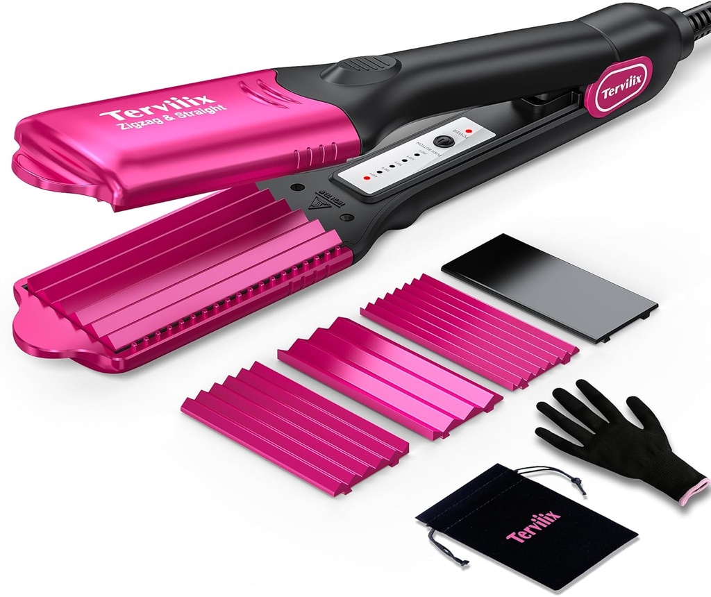 Terviiix Crimper Hair Iron with 4 Interchangeable Plates, Keratin & Argan Oil Infused Hair Crimper for Women, Volumizing Crimping Iron for Thin Fine Hair, 5 Heat Settings & 60 Mins Auto Off, Pink