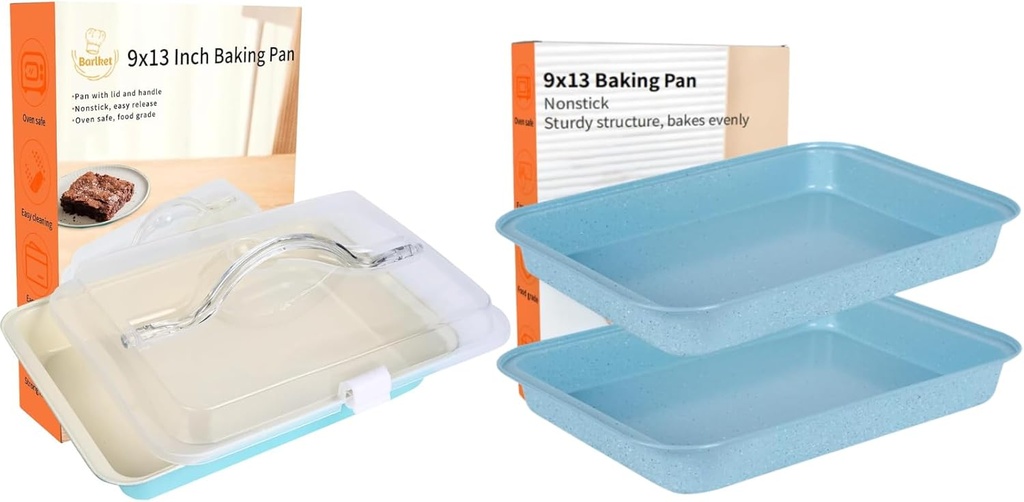 9x13 Baking Pan, 3 Pieces 13 x 9 Cake Pan Blue, Rectangle Cake Carrier with Handle, Deep Oblong Oven Tray for Brownies, Casseroles, and Travel