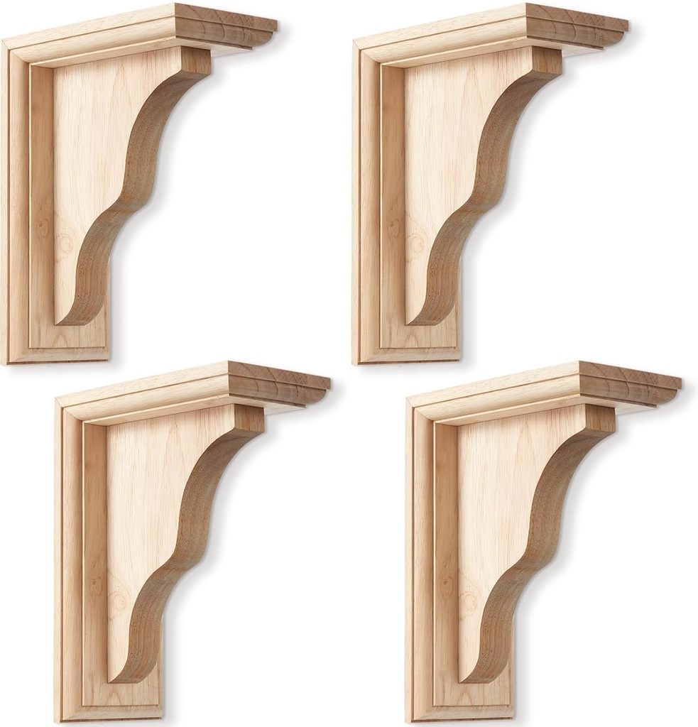 4 Pcs Traditional Wood Brackets Unfinished Hardwood Bracket Decorative Millwork Corbels Solid Wood Shelf Bracket for Home Shelf Cabinet Furniture Support (2 1/4" W X 5" D X 7" H)