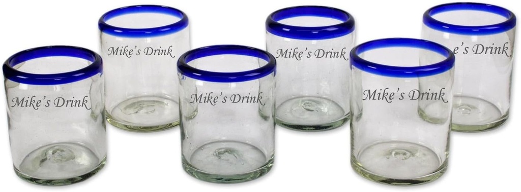 Personalized | Custom Artisan Crafted | Hand Blown Highball Glasses "Blue Rim" | Set of 6