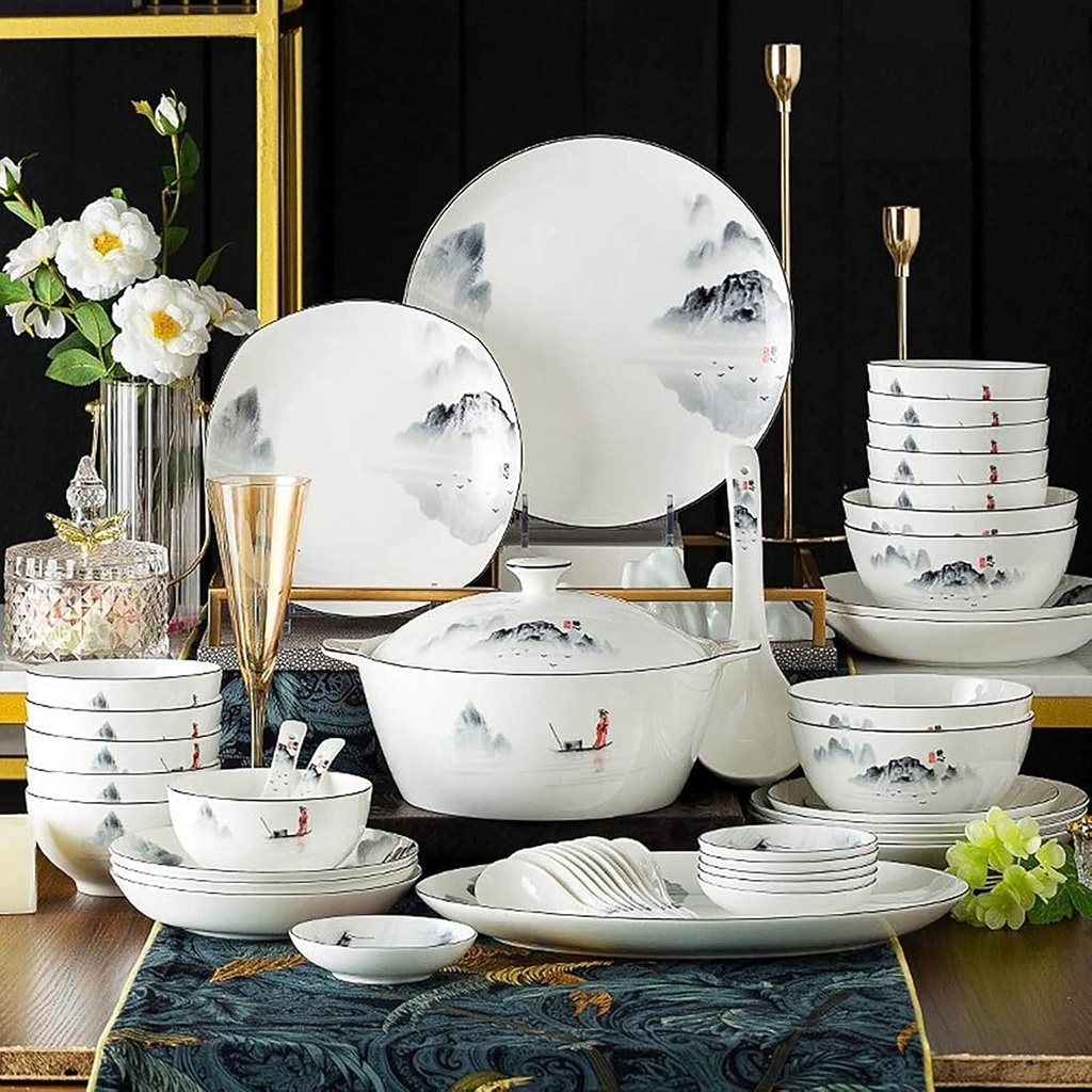 60-piece Dinnerware Set,Exquisite Porcelain Tableware,Antiquity Chinese Style Porcelain Set,Ink Painting Design Dinner Dishes Set,Plates/Bowls/Spoons and Soup Pot,Service for 12