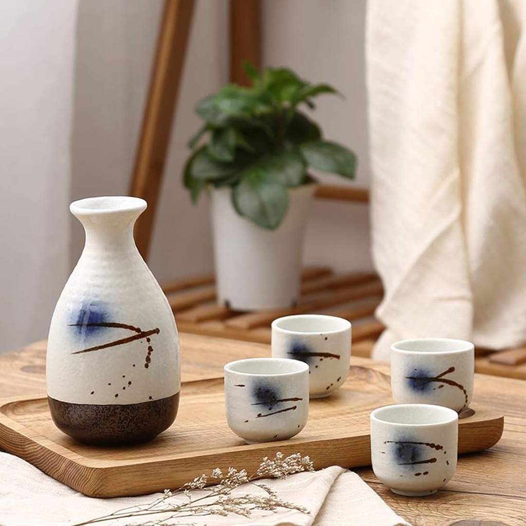 Japanese Sake Cup Set 5 Piece Porcelain Pottery Traditional Ceramic Cups Crafts Wine Glasses Japanese Sake Set with 1 Sake Serving Bottle and 4 Sake Cups,C
