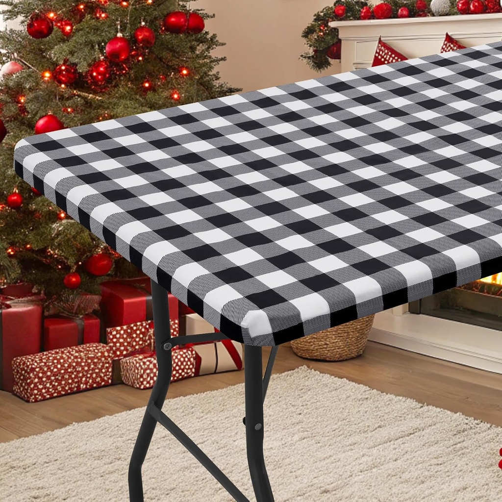 Smiry Rectangle Picnic Table Cloth, Elastic Waterproof Fitted Vinyl Tablecloths, Flannel Backed Buffalo Plaid Table Covers for Dining, Camping, Outdoor (Black and White, 30" x 72")