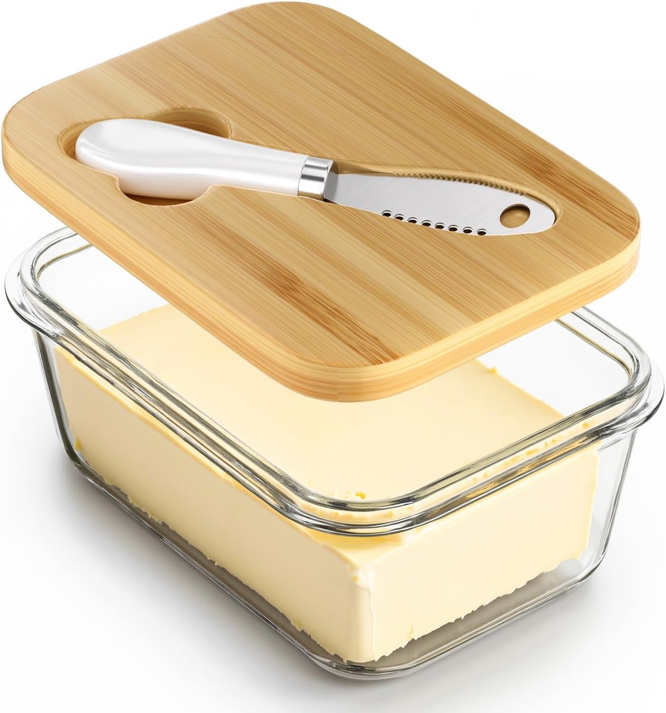 Glass Butter Dish with Bamboo Lid and Knife, Airtight Seal for Freshness, Large Butter Dish for East and West Coast Butter, Ideal for Countertop and Refrigerator Storage, Premium Glass Butter Keeper