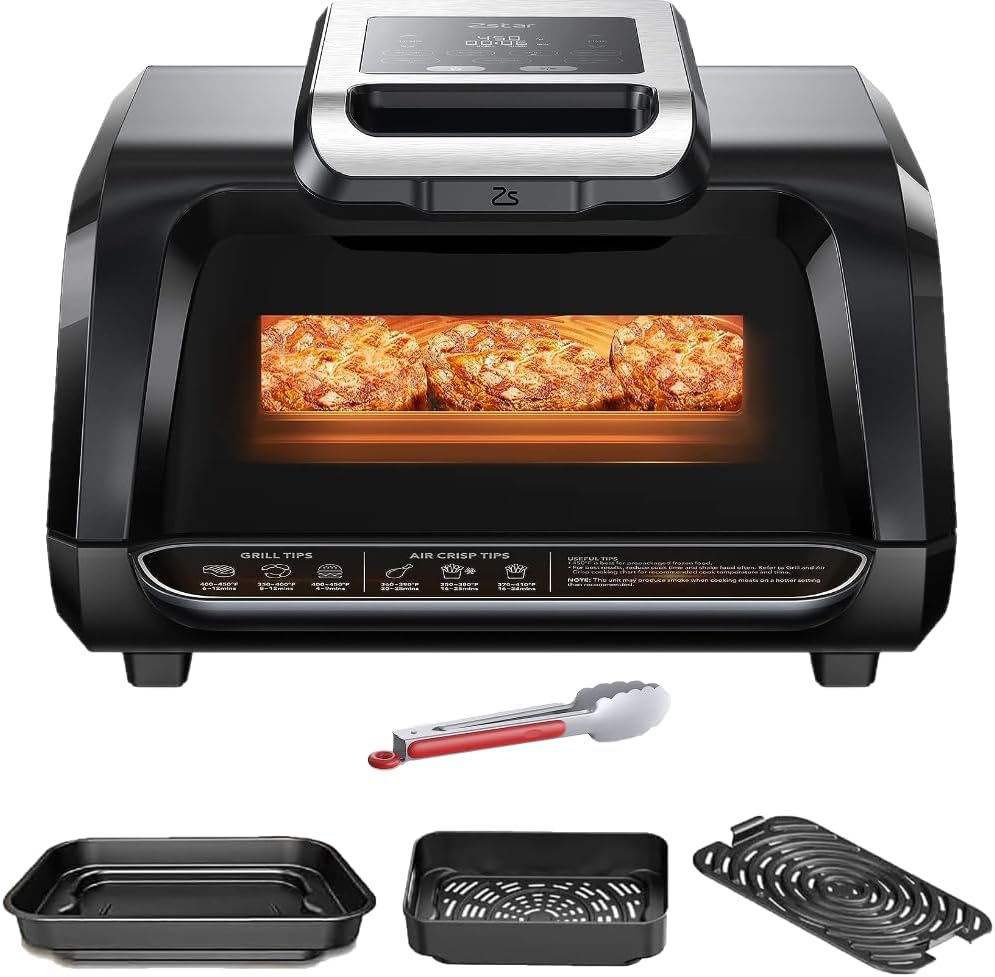 OMTech Electric Indoor Grill, 7-in-1 Air Fryer Combo, Non-Stick Removable Plates, 4Qt, 450F Max Temp, 1750W, Black, Modern Style, PFOA & PFAS Free