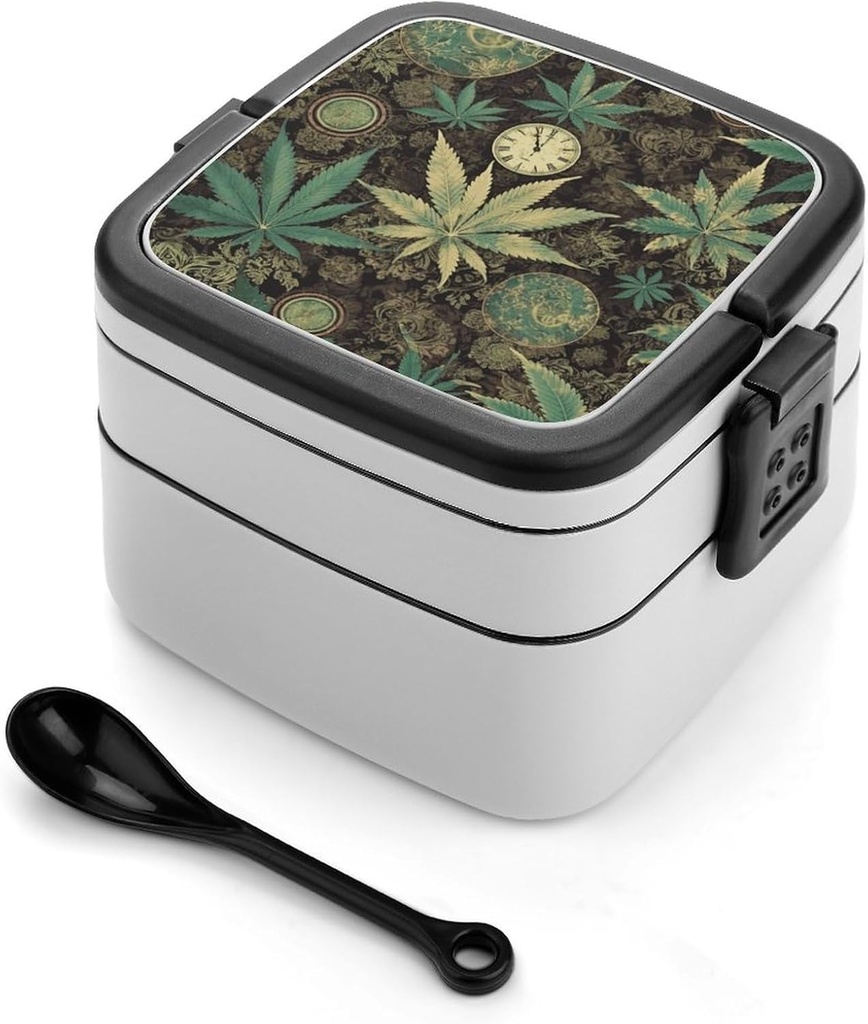 A Puff in Time Weed Marijuana Bento Box with Spoon, 2-layer Stackable Lunch Box Leak Proof with Invisible Handle, Insulated Food Storage for Office, Picnic & Travel