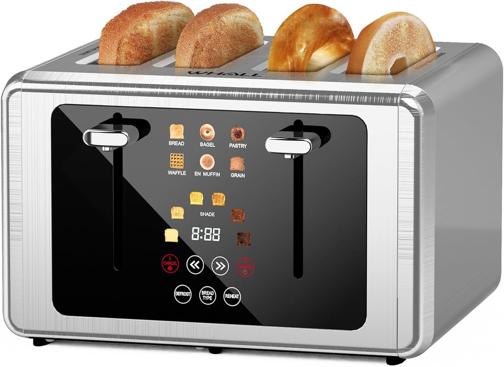 whall 4 Slice Touch Screen Toaster, Stainless Steel Toasters Digital Timer, Dual Control Panel Toasters，6 Shade Settings＆6 Bread Types, Smart Wide Slots, Bagel, Cancel, Defrost