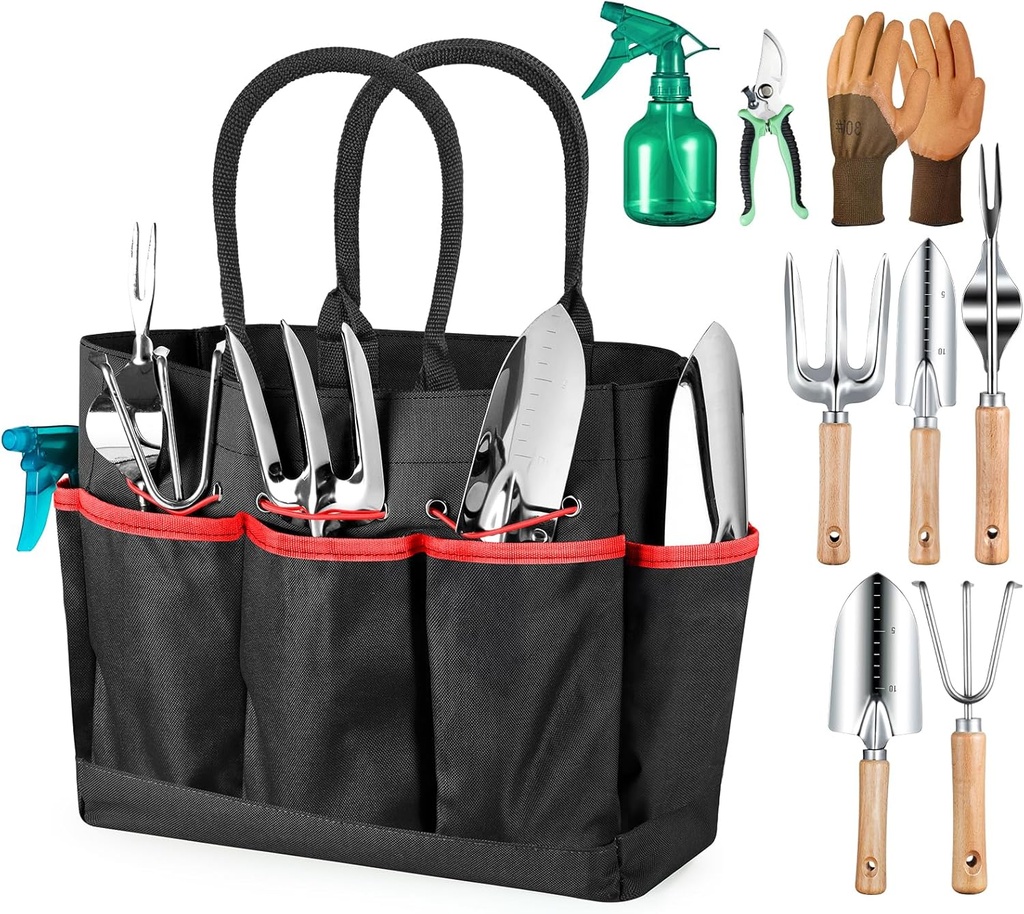 Garden Tools 9-Piece Heavy Duty Gardening Hand Tools with Fashion and Durable Garden Tools Organizer Handbag, Rust-Proof Garden Tools Set, Ideal Gardening Gifts for Women (Black Red)