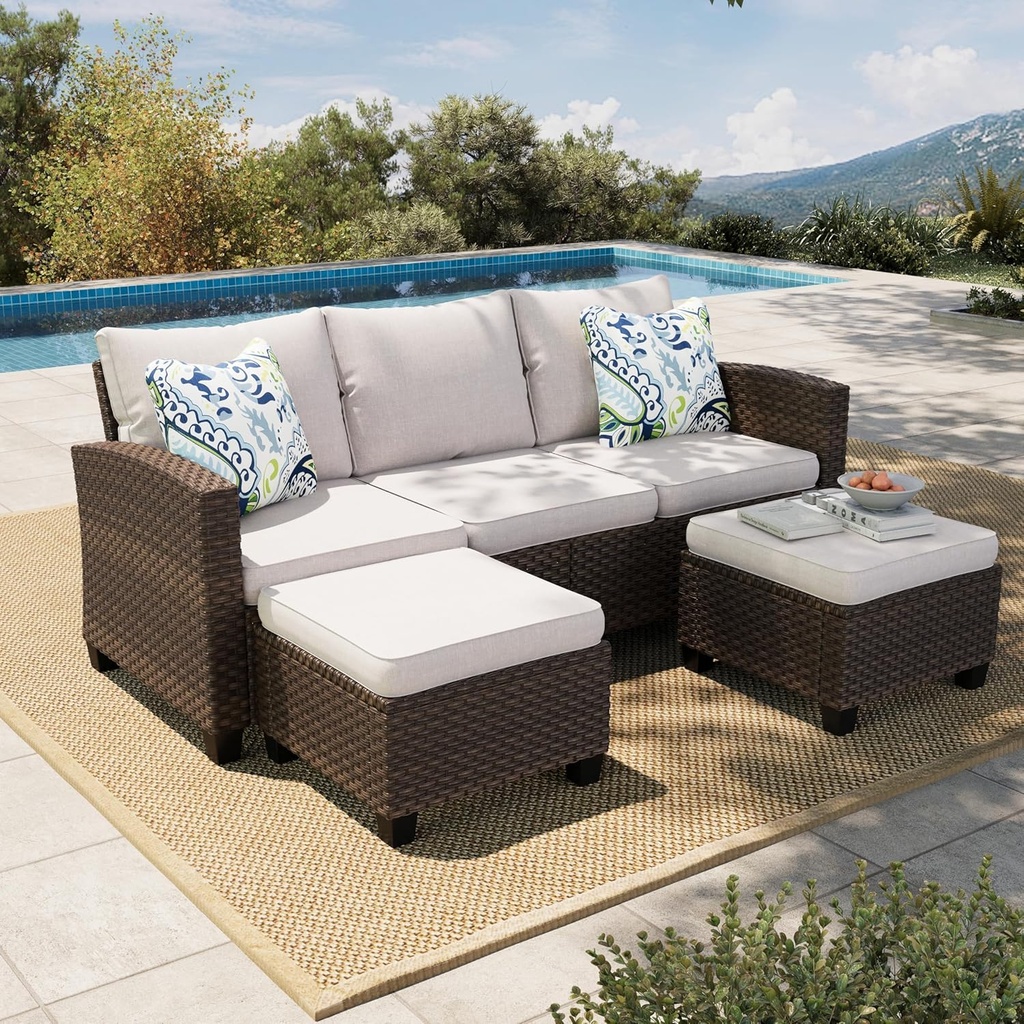 Small Patio Furniture Set, 3 Pieces Wicker Outdoor Sectional Set, L-Shaped Patio Couch Set, Modular Rattan Conversation Set with Lounge Sofa and Ottomans for Deck Lawn Garden, Beige