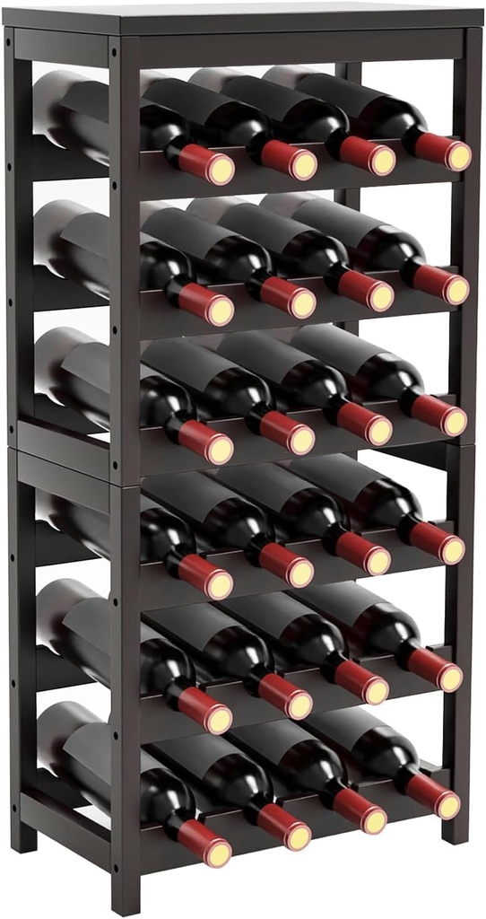 24-Bottle Wine Rack Freestanding Floor, 6-Tier Bamboo Wine Display Rack Storage Shelf with Table Top for Kitchen Dining Room Bar Cellar - Dark Brown